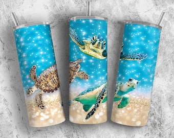 Sea Turtle Tumbler Wrap, Glitter Ocean Sublimationsdesigns, PNG 20 Unzen Skinny Tumbler Vorlage