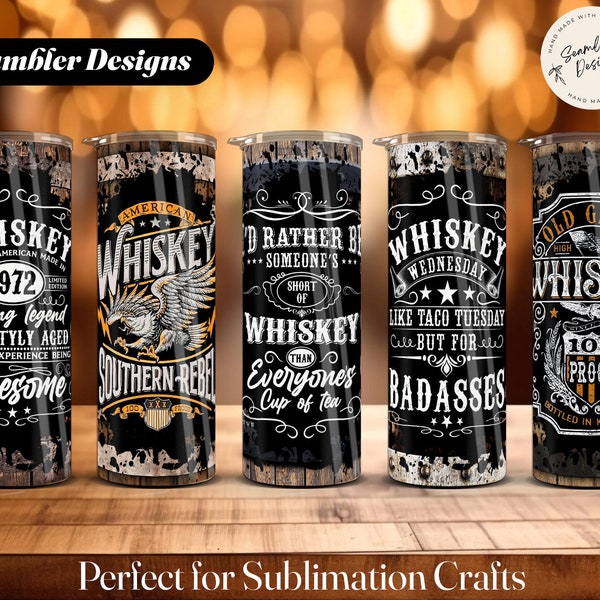 8 Whiskey Tumbler Design Bundle, American Whiskey Barrel 20oz Skinny Tumbler Designs, Alcohol Tumbler Wrap Sublimation, Wooden Barrel PNG