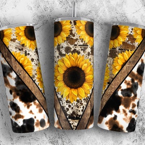 Sunflower Cowhide Tumbler Sublimation Design, Cow Print 20oz Skinny Tumbler Wraps Templates, Western Tumbler PNG - Digital Download