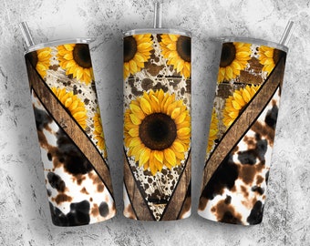 Sonnenblumen-Rindleder-Becher-Sublimationsdesign, Kuh-Druck 20 Unzen Skinny Tumbler Wraps Vorlagen, Western Tumbler PNG - Digital Download