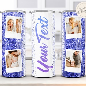 Photo Tumbler, Add your own text Tumbler, 20 oz Skinny Tumbler Wrap, Blue Glitter Sublimation Design Tumbler, Picture Collage PNG