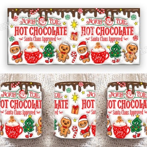 K&ouml;nnte beinhalten: Wei&szlig;e Keramiktasse mit einem rot-gr&uuml;n-braunen Weihnachtsmotiv. Die Tasse tr&auml;gt den Text "North Pole Hot Chocolate Santa Claus Approved".