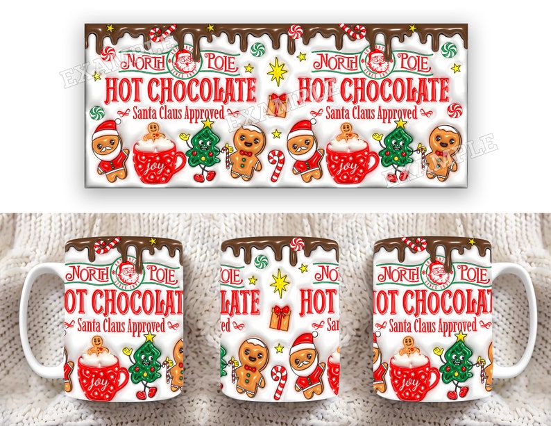 K&ouml;nnte beinhalten: Wei&szlig;e Keramiktasse mit einem rot-gr&uuml;n-braunen Weihnachtsmotiv. Die Tasse tr&auml;gt den Text "North Pole Hot Chocolate Santa Claus Approved".