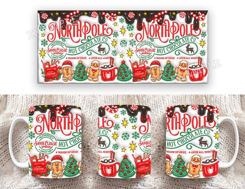 K&ouml;nnte beinhalten: Wei&szlig;e Keramiktasse mit einem rot-gr&uuml;n-wei&szlig;en Design mit dem Text "North Pole Hot Chocolate Co." und einem Cartoon-Lebkuchenmann. Die Tasse hat einen wei&szlig;en Henkel und ist mit Schneeflocken, Zuckerstangen und Sternen verziert.
