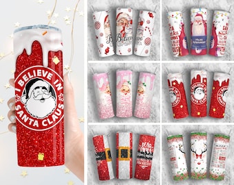 May include: A set of 10 Christmas-themed tumbler designs featuring Santa Claus, reindeer, and other holiday imagery. The tumblers are red, white, and green with glitter accents.