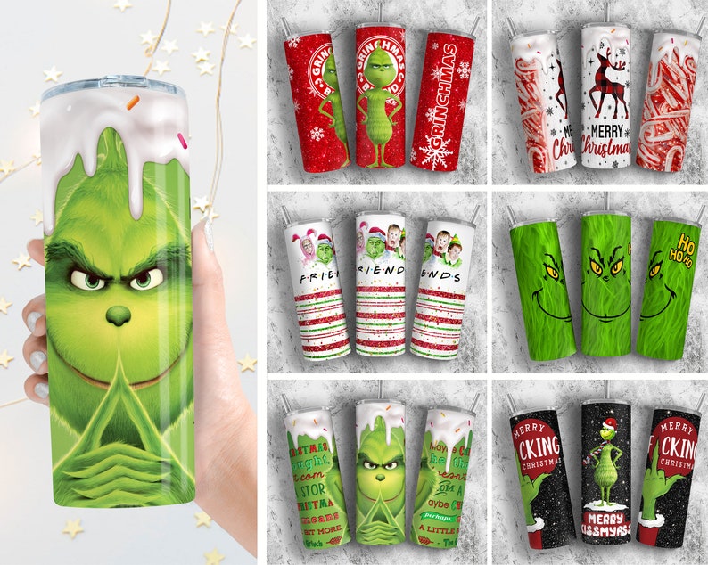 May include: A set of 12 different designs for 20 oz. stainless steel tumblers. The designs feature the Grinch, Christmas themes, and the Friends TV show.