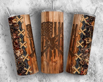 Hirschjagd PNG, geschnitztes Holzbecherdesign, 20 Unzen 30 Unzen Skinny Tumbler Wrap, Sublimationsdesigns Downloads