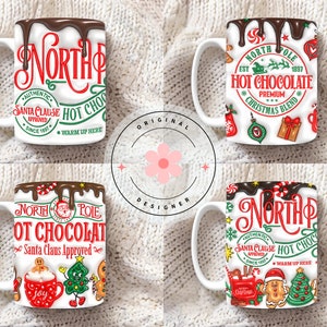 K&ouml;nnte beinhalten: Vier wei&szlig;e Keramikbecher mit einem schokoladenartigen &Uuml;berzug, der an den Seiten heruntertropft. Jeder Becher zeigt ein anderes weihnachtliches Design mit dem Text "Nordpol" und "Hei&szlig;e Schokolade".