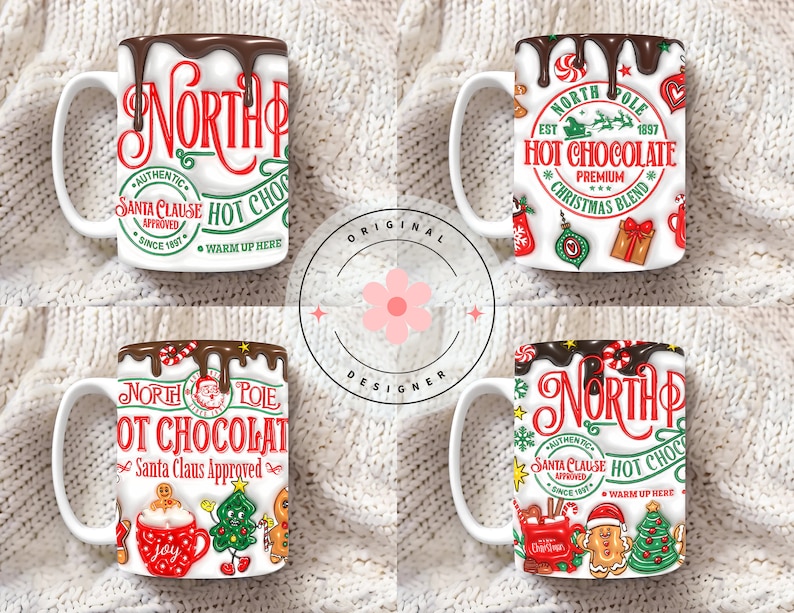 K&ouml;nnte beinhalten: Vier wei&szlig;e Keramikbecher mit einem schokoladenartigen &Uuml;berzug, der an den Seiten heruntertropft. Jeder Becher zeigt ein anderes weihnachtliches Design mit dem Text "Nordpol" und "Hei&szlig;e Schokolade".