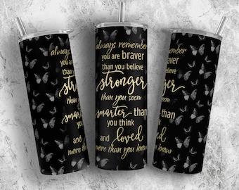 Schwarze Motivationsbecher-Sublimationsdesigns, Affirmationsbecher für Frauen, inspirierende Becherverpackung PNG, Becher mit Schmetterlingen