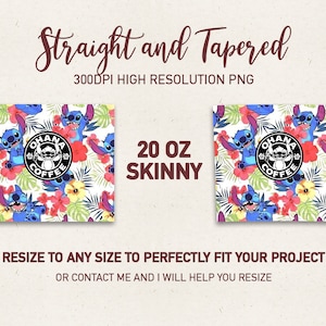 May include: A digital download of a seamless pattern featuring Stitch from Lilo & Stitch, tropical flowers, and the text "Ohana Coffee". The pattern is designed for 20 oz skinny tumblers.