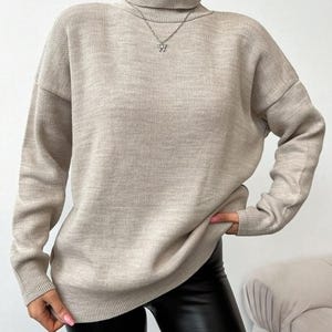 May include: A beige turtleneck sweater with long sleeves. The sweater is paired with black leather pants. A silver necklace with a small pendant is visible. The sweater has a relaxed fit and a ribbed turtleneck collar.