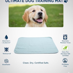 May include: A light blue dog training mat with the text "ULTIMATE DOG TRAINING MAT". The mat is absorbent, waterproof, and breathable. The image also shows a Golden Retriever dog.