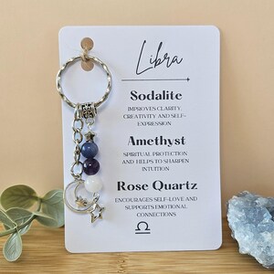 Libra Crystal Keyring Gift, Personalised Zodiac Keychain, Unique Star Sign Gemstone Gift, For Her, For Him, Initialled, Birthday Gift