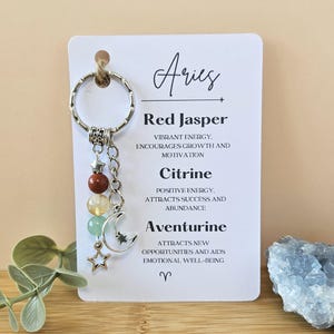 Aries Crystal Keyring Gift, Zodiac Gemstone Keychain, Star Sign Gift, Astrology For Aries, Personalised Initial Keyring, Crystal Gift