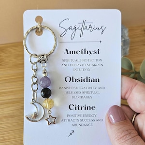 Sagittarius Crystal Keyring Gift, Personalised Zodiac Gemstone Keychain Gift, Customised Initial Charm, Star Sign Crystals