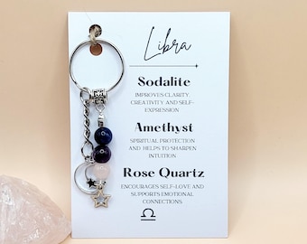 Libra Zodiac Crystal Keyring, Star Sign Crystal Gift For Her / Him Christmas Gift Keychain Birthday Gift, Birthstone Keyring