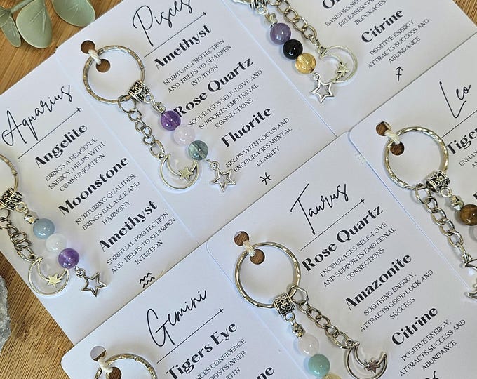 Personalised Zodiac Crystal Keyring Gift, Gemstone Star Sign Keychain For Her or For Him, Handmade in the UK, Initialled Charm Keyring