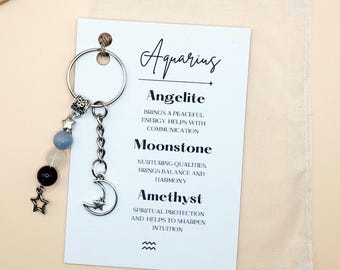 Aquarius Zodiac Crystal Keyring, Star Sign Crystal Gift For Her / Him Christmas Gift Keychain Birthday Gift, Birthstone Keyring