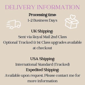 May include: A beige graphic with the text "DELIVERY INFORMATION" in purple. The text details processing time, UK shipping via Royal Mail, and USA shipping via International Standard. Additional information is available upon request.
