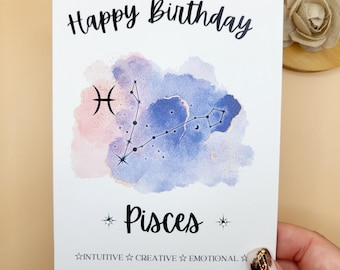 Carte d'anniversaire Poissons / carte d'horoscope pour anniversaire, impression aquarelle, carte de signe astrologique, carte d'astrologie, carte du zodiaque, constellation