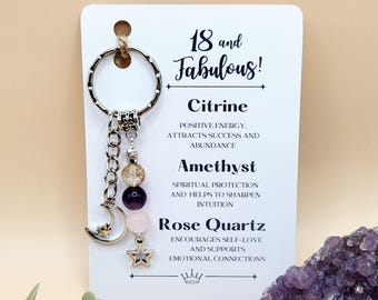 18 and Fabulous Crystal Gift Keyring, Keychain for 18th Birthday Gift, Personalised Initial Charm 18th Gift For Her, Genuine Gemstone Beads