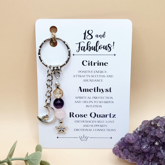 18 and Fabulous Crystal Gift Keyring, Keychain for 18th Birthday Gift, Personalised Initial Charm 18th Gift For Her, Genuine Gemstone Beads
