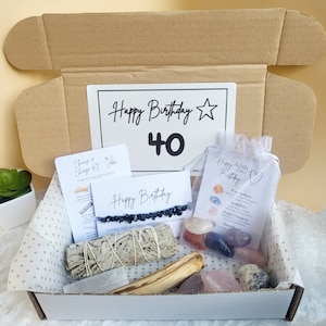 40th Birthday Crystals Gift Box For Her Forty Birthday Gemstone Gift Hamper With Crystals Bracelet and Smudge Kit Unique Gift For Friend Mom