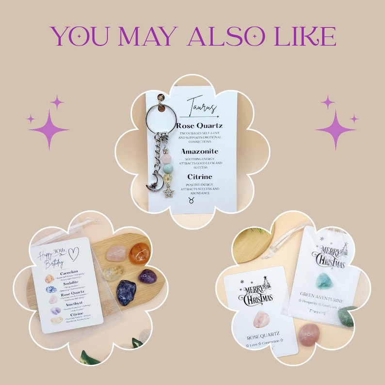 May include: A collection of crystal gifts, including a keychain with Rose Quartz, Amazonite, and Citrine beads, and small crystal sets. The image includes text that says "You May Also Like", "Happy 30th Birthday", and "Merry Christmas".