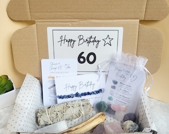 60th Birthday Crystal Gift Box - Gemstone Bracelet & Smudging Kit, Birthday Hamper For Turning 60, Sixtieth, 60th Birthday Gift For Women
