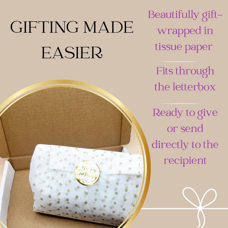 May include: A gift box with a white and gold polka dot wrapped package inside. The box is open, revealing the wrapped gift. Text on the image reads "GIFTING MADE EASIER" and "Beautifully gift-wrapped in tissue paper."
