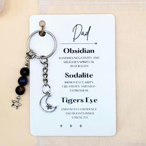 Dad Gemstone Keyring Gift, Personalised Handmade Crystal Keychain with Celestial Charms, Initial Tag charm, Father's Day Gift
