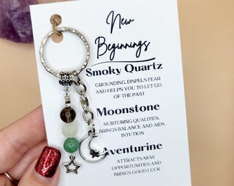 New Beginnings Crystal Keyring, Moon & Star Charm, Personalised GemstoneKeychain Gift, New Chapter, Fresh Start, Crystal Support
