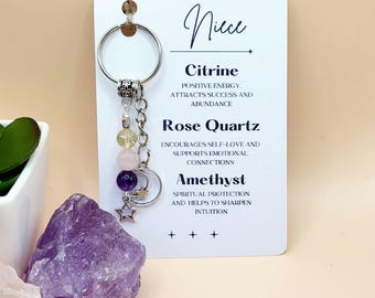 Niece Gemstone Keychain: Citrine, Rose Quartz, Amethyst Crystals