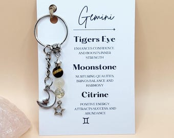 Gemini Zodiac Crystal Keyring, Star Sign Crystal Gift For Her / Him Christmas Gift Keychain Birthday Gift, Birthstone Keyring