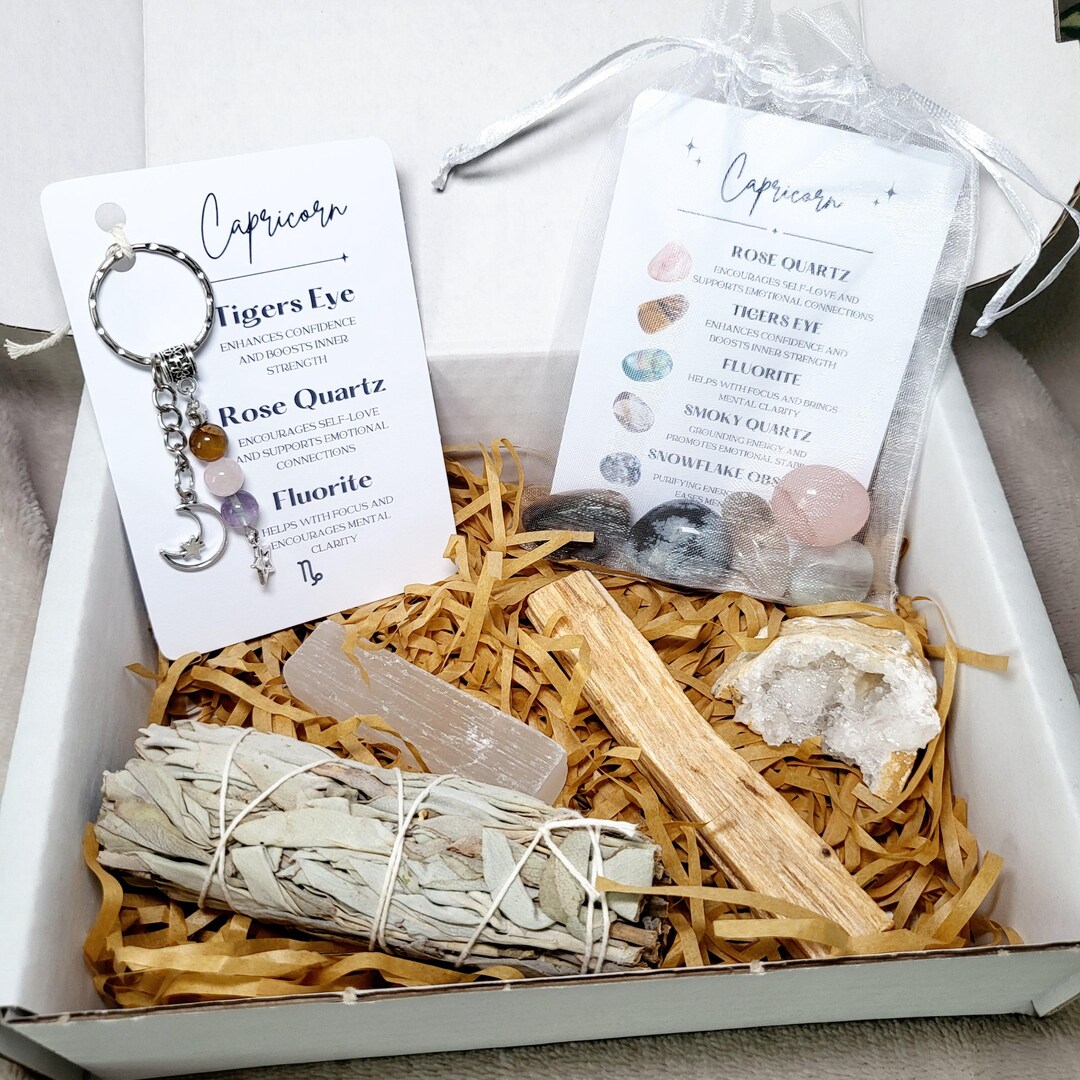 Capricorn Zodiac Gift Box, Crystal Hamper Set With Gemstones, Smudge ...