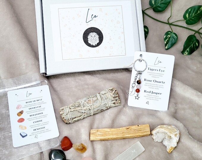Leo Zodiac Crystal Gift Box, Gemstone Keyring, Smudge Kit