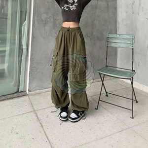 Solid Stacked Women's Work Pants Drawstring Baggy Cargo Pants Women Y2K  Parachute Workout Pants Going Out Casual Elastic Waist Loose Fit Relaxed  Fit