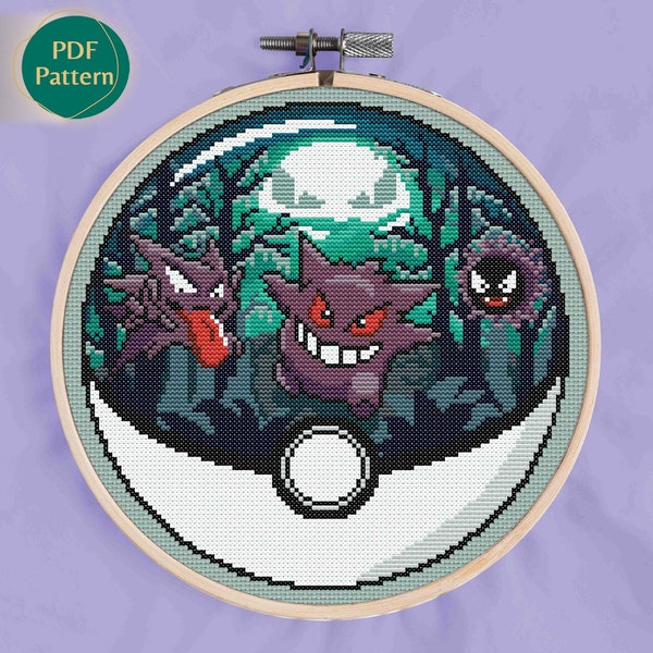 Ghost/Poison Type Cross Stitch Pattern, Pokeball terrarium Gengar, Counted cross stitch, Spooky, Goosebumps, Purple, Jungle, Terrifying Moon