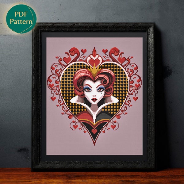 Queen of Hearts Cross Stitch Pattern, Female Villain, Ace of Hearts, Black Queen of Hearts, Deck of Cards, Wonderland, Instant Download, PDF