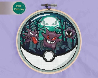 Ghost/Poison Type Cross Stitch Pattern, Pokeball terrarium Gengar, Counted cross stitch, Spooky, Goosebumps, Purple, Jungle, Terrifying Moon