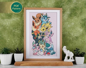 Eeveelutions Cross Stitch Pattern, Counted stitch, Eevee, Vaporeon, Jolteon, Flareon, Espeon, Umbreon, Leafeon, Glaceon, Sylveon, Kawaii