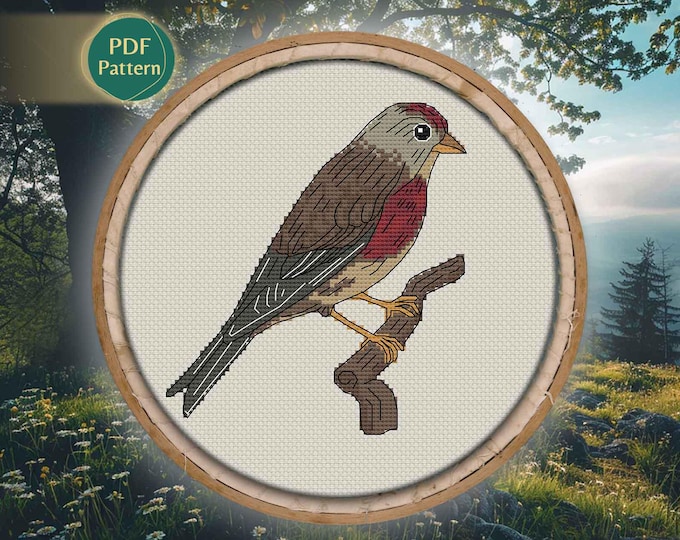 Linnet Cross Stitch PDF Pattern – Counted Stitch, Wild Bird, Nature Theme, Wall Decor, Instant Download