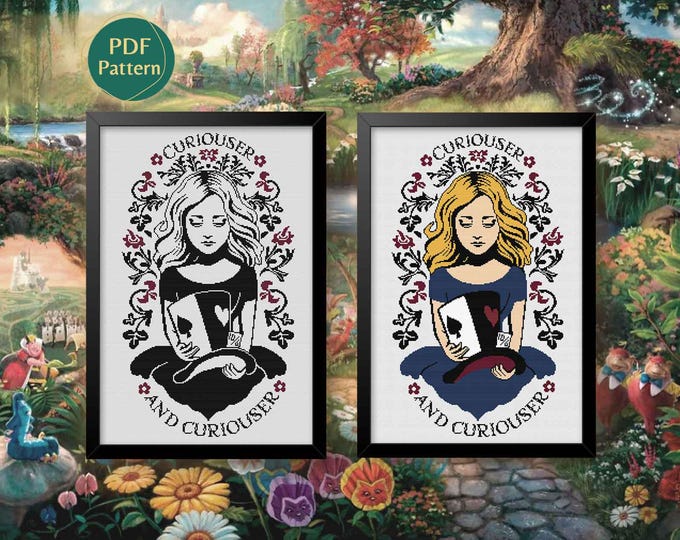 Alice-Inspired Cross Stitch Pattern PDF Pack – 2 Patterns:  Color & Black Version, Silhouette Version, Mad Hatter, Fantasy, Instant PDF