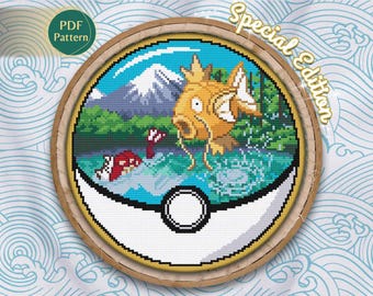 Shiny Magikarp Pokeball Cross Stitch PDF – Water Type Pattern, Kawaii Lake Scene, Japan Style, Mountain Nature, Instant Download
