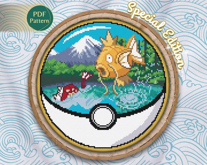 Shiny Magikarp Pokeball Cross Stitch PDF – Water Type Pattern, Kawaii Lake Scene, Japan Style, Mountain Nature, Instant Download