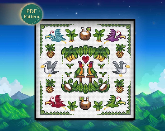 Tropical Island Love Cross Stitch PDF – Cottagecore Pattern, Parrots, Palm Trees, Pina Colada, Vibrant Pixel Scene, Instant Download