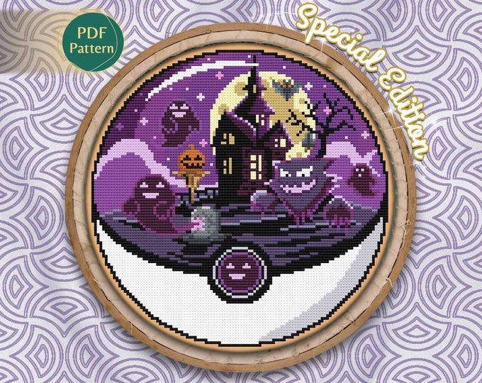 Haunter & Ghosts Pokeball Cross Stitch PDF – Ghost Type Pattern, Halloween Special Edition, Spooky Purple Scene, Instant Download