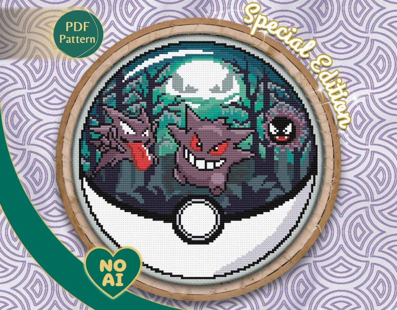 Gengar Haunter Gastly Inspired Terrarium Cross Stitch Pattern PDF image 1