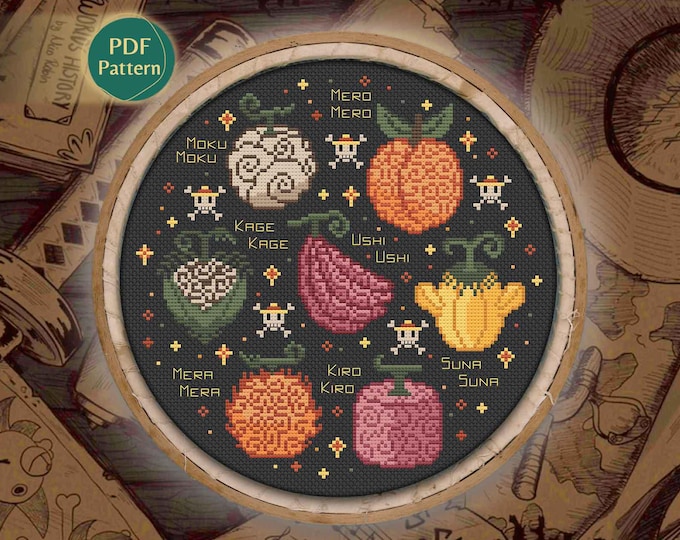 Devil Fruits Cross Stitch PDF – One Piece Pattern, Mera Mera, Suna Suna, Moku Moku, Pirate Ship, Anime Design, Instant Download